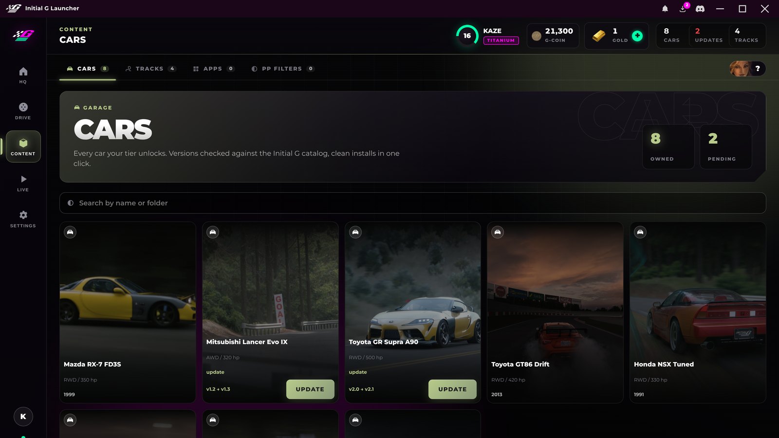 Car garage with pending updates in the Initial G Launcher