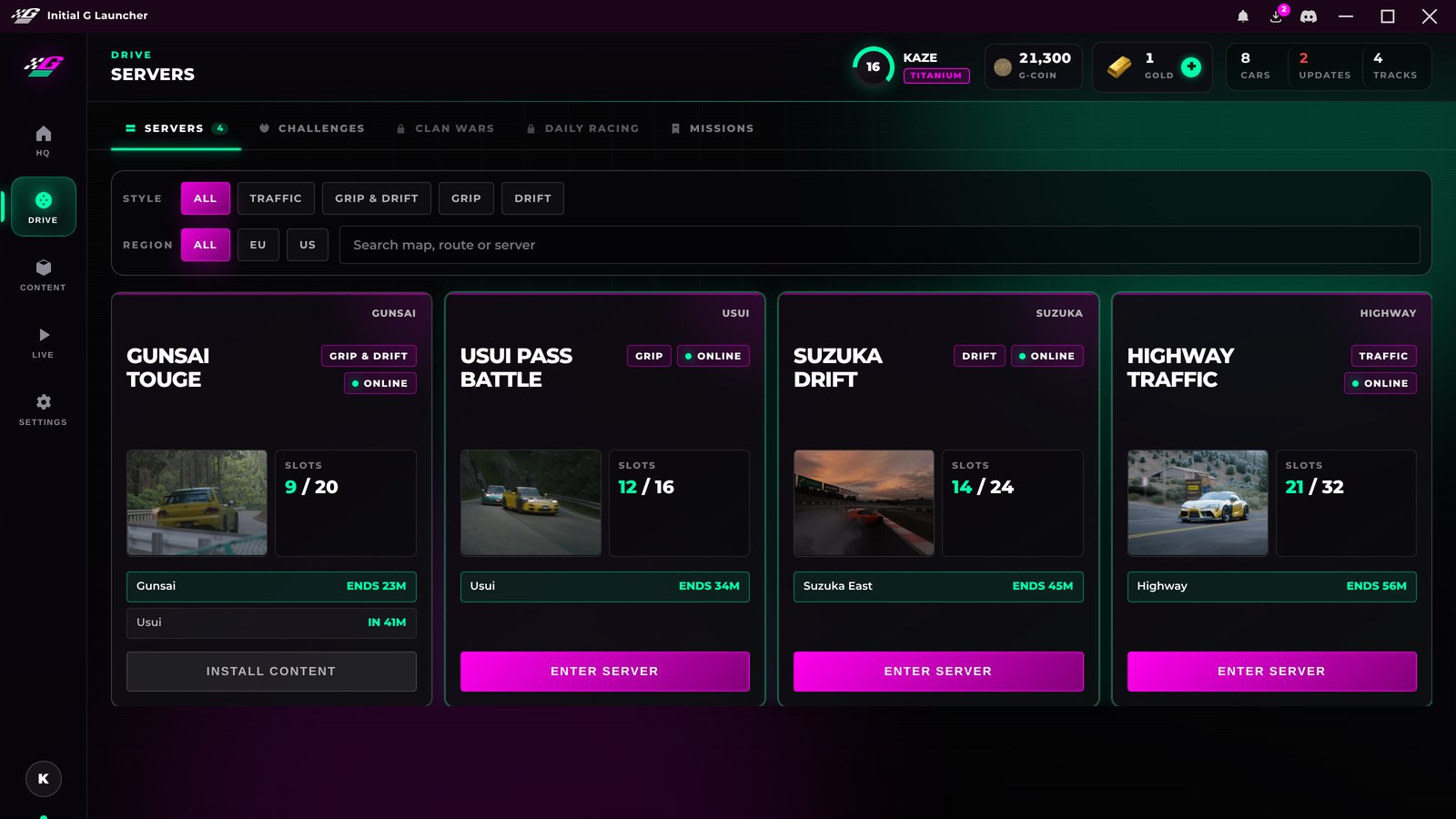 Server list in the Initial G Launcher